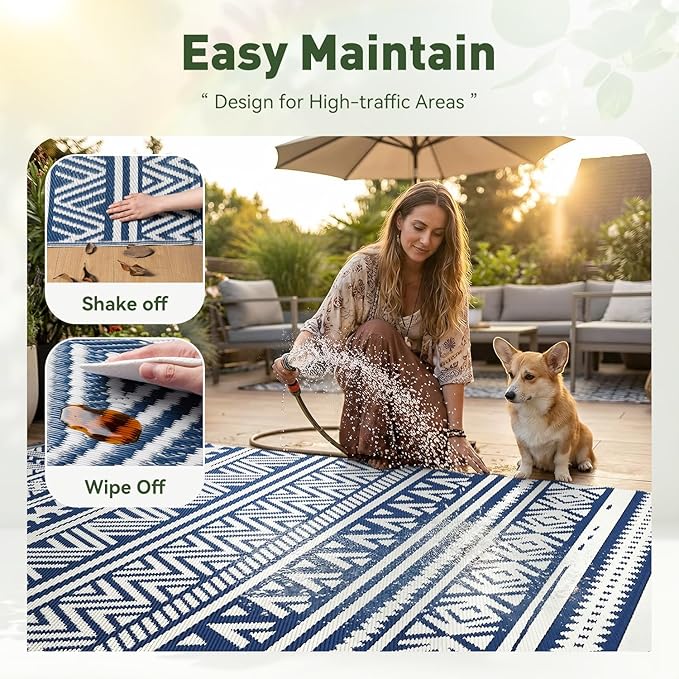 MontVoo Outdoor Rug Carpet Waterproof 6x9 Outdoor Patio Rug Mat Reverisble Plastic Straw Outdoor Rug for RV Camping Picnic Beach Balcony Boho Navy Blue