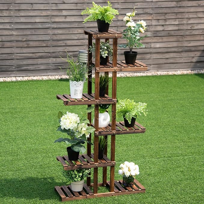 Giantex Flower Rack Wood Plant Stand 7 Wood Shelves 11 Pots Bonsai Display Shelf Indoor Outdoor Yard Garden Patio Balcony Living Room Multifunctional Storage Rack Bookshelf W/Hollow-Out Rack