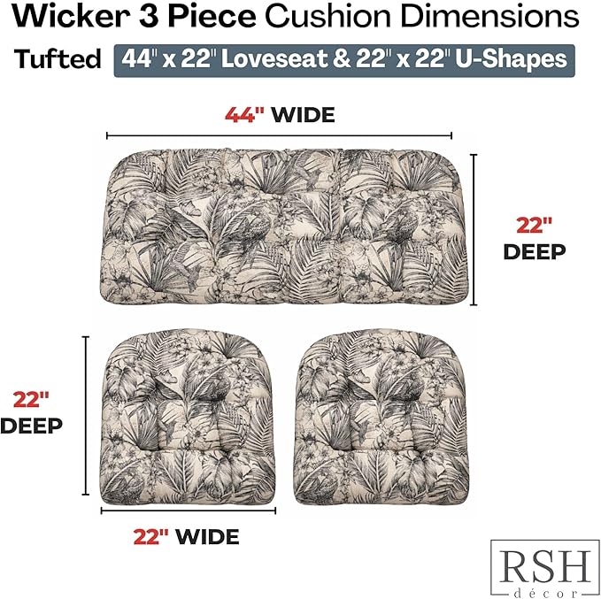 RSH DECOR: 3-Piece Wicker Tufted Cushion Set | 44" x 22" Loveseat & 22" x 22" U-Shapes | Outdoor Replacement Cushions | Water & Fade-Resistant Spun Fabric | Made in USA (Wilshire Ebony)