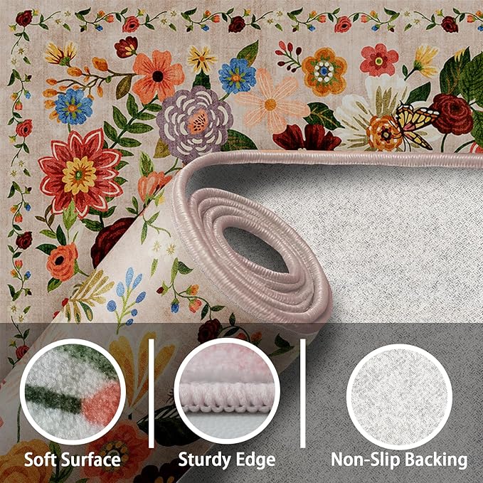 Runner Rug 2x6, Kitchen Rug Non Slip Washable Rugs with Rubber Backing Soft Floral Carpet Runner for Hallways, Kitchen, Laundry, Bedroom, Bathroom (2 x 6, Beige)