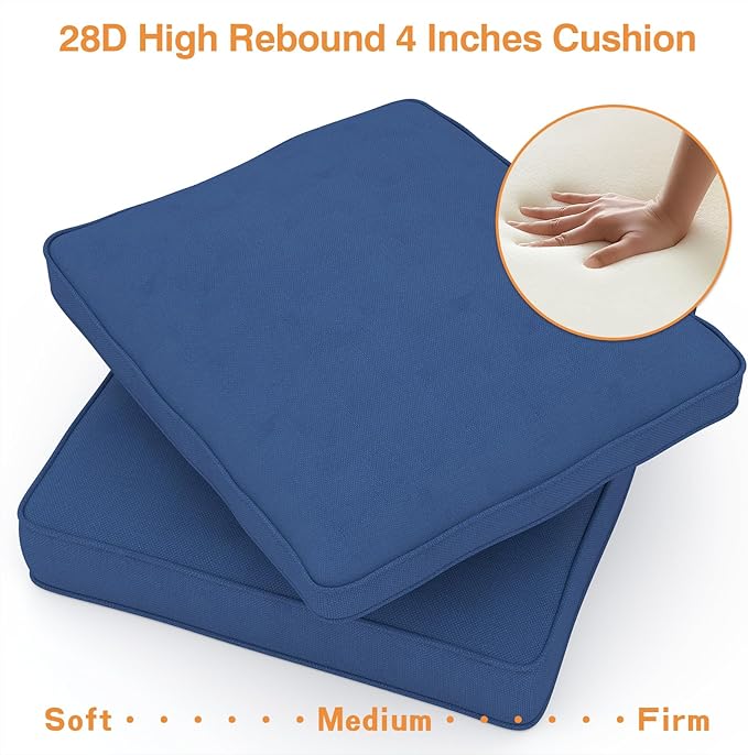 Outdoor Chair Cushions 23" x 24" x 4", Patio Deep Seat Replacement Cushions Set with Zippered Removable Cover, Weather-Resistant Olefin Fabric for Garden Chair Sofa Couch, Blue