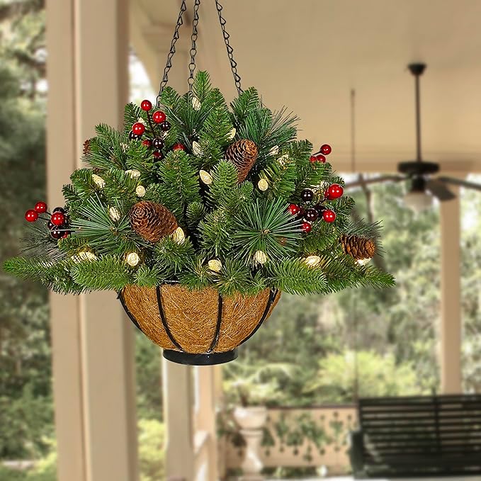 18 Inches Pre-lit Artificial Christmas Hanging Basket with Red Berries, Pine Cones,40 C3 Dual-Color Multi-Functional Battery Operated LED Lights with Timer