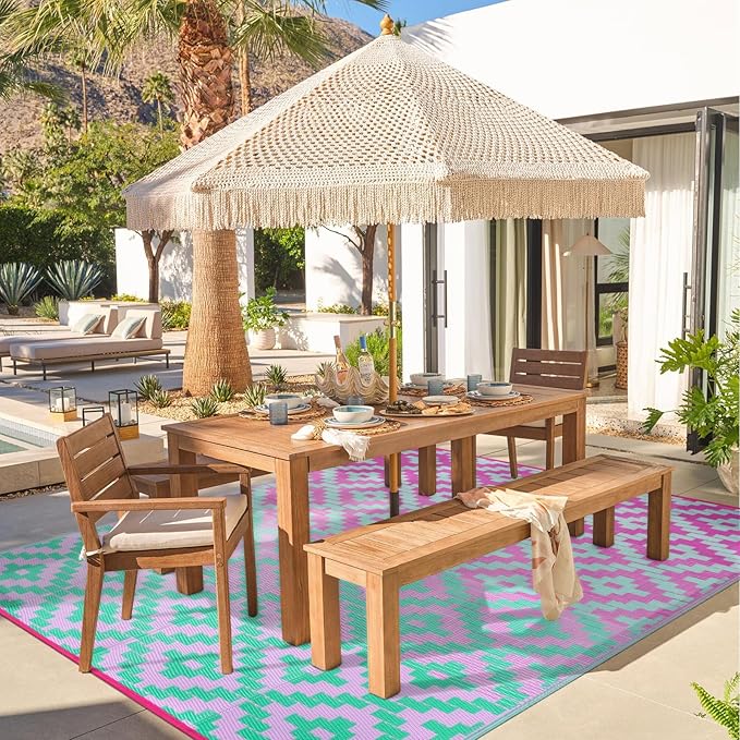 Wonnitar Outdoor Rug 9x12 Waterproof Reversible Plastic Straw Rug for Patio Clearance, Modern Outside Area Rug RV Rug for Camping, Indoor Outdoor Portable Mat for Deck Balcony Porch, Green/Pink