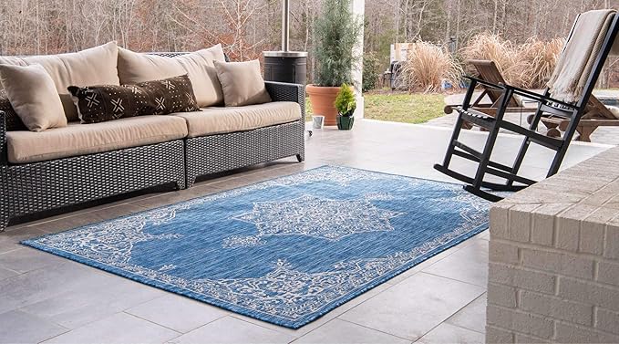Unique Loom Outdoor Traditional Collection Area Rug - Antique (9' x 12' Rectangle, Blue/ Gray)