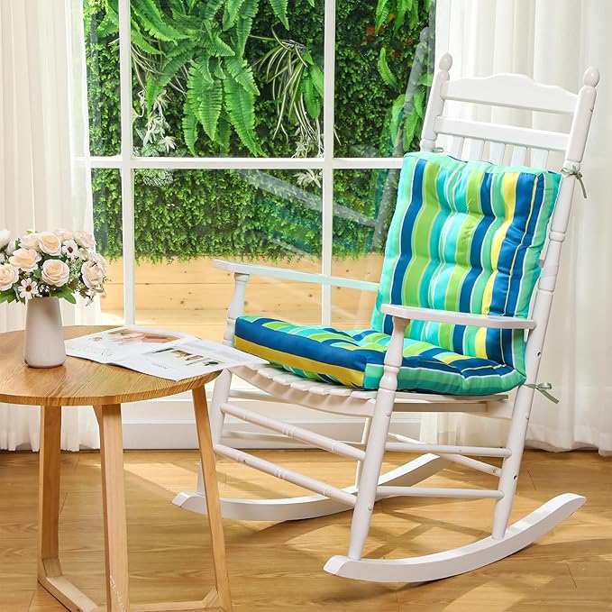 Hoteam 6 Set Patio Chair Cushions Outdoor High Chair Cushion 20 x 40 Inch Waterproof Patio Seat Rocking Indoor Thickened Pad(Striped Style,Green)
