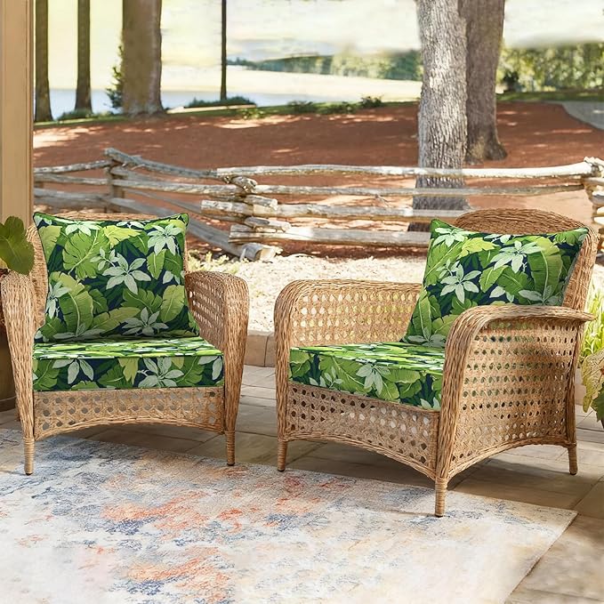 Outdoor Deep Seat Cushion Set, Water Repellent 24"x24" Patio Thick Cushions Replacement with Seat & Back Pillow for Patio Sofa, Wicker Chair, Couch - Jungle Leaves