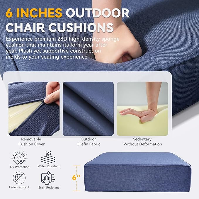 Outdoor Cushion Set for Furniture Patio Furniture, UV Resistant, Water Resistant - 6 Inch Thick Foam Garden Cushions– 22x24 Inch Patio Seat Covers for Chair/Sofa/Couch | Blue | 5-Pack |