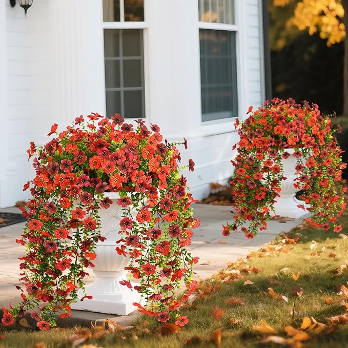 Artificial Hanging Flowers for Outdoors, 2 Pcs Fake Hanging Plant for Spring Decoration, UV Resistant No Fade Faux Silk Daisy Flower for Planter Porch Patio Yard Garden Outside Decor(Red Brown)
