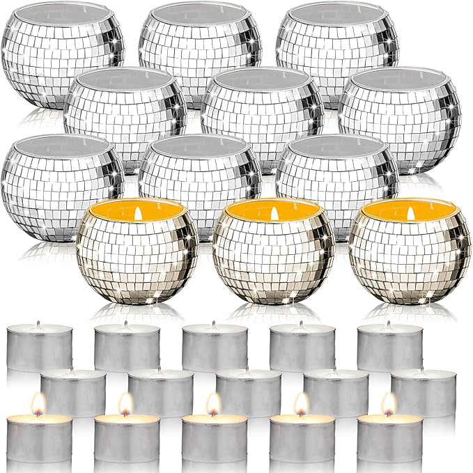 Maxcheck 24 Pcs Disco Ball Candle Holders Bulk Wedding Decoration Disco Ball Centerpieces Includes 12 Votive Mosaic Glass Tea Light Holders and 12 Tea Light Candles for Activity Party
