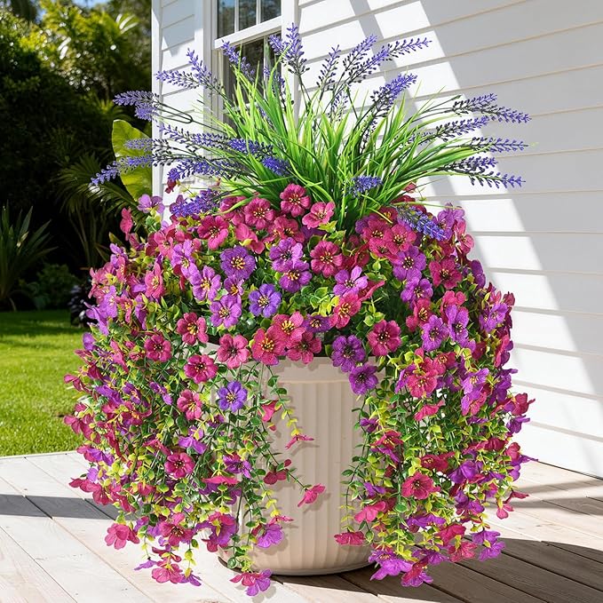 Artificial Fake Hanging Flowers Plants for Outdoor Outside Decoration, Faux Silk Daisy Flower Realistic UV Resistant for Front Porch Patio Balcony Garden Yard Indoor Planter Home Decor(Purple Pink)