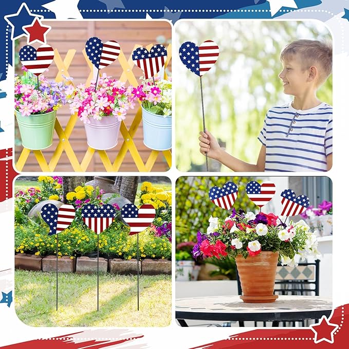 Pickmesh 6 Pcs 12" H Patriotic Metal Yard Sign Patriotic Heart Garden Stake 250th Anniversary USA Flag American Yard Sign for Memorial Day Outdoor Decor 4th of July Independence Day Decoration