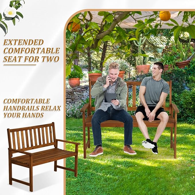 Outdoor Garden Wooden Bench,2-Person Garden Bench with Back and armrest, Acacia Wood Outdoor Bench Weatherproof for Patio,Front Porch,Park,Backyard,Wide Slatted Seat,Hold up to 705 LBS