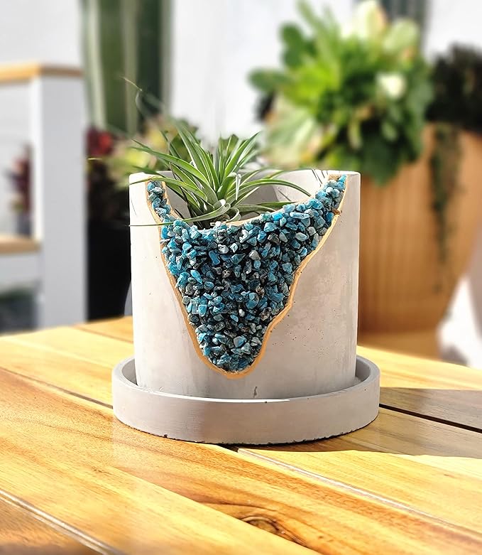 4 Inch Crystal Plant Pot with Saucer - Cement Geode Planter - Concrete Pots for Plants - Modern Succulent Pot Indoor - Unique Air Plant Holder - Candle Holder - Small Plant Home Decor (Blue Apatite)