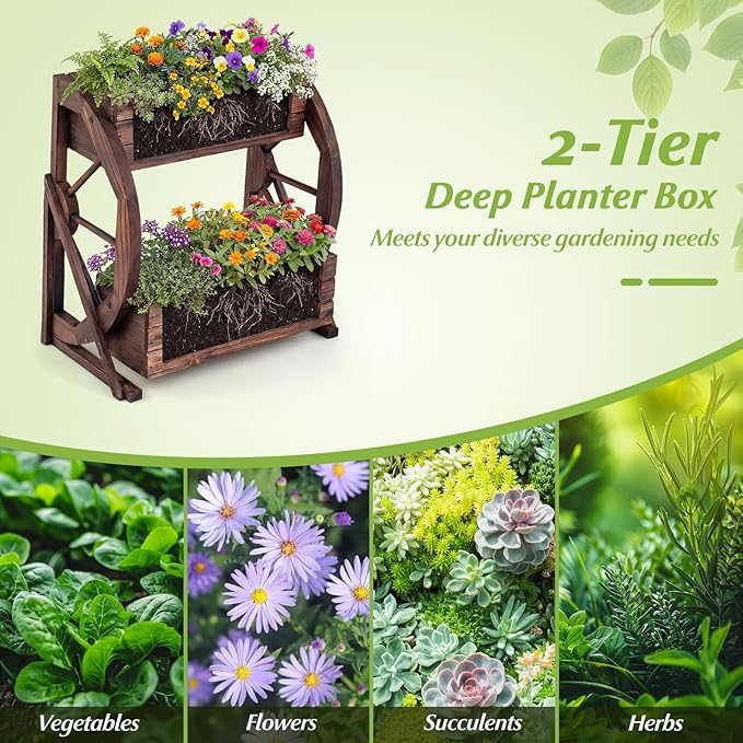 Giantex Wooden Wagon Planter Box, 2-Tier Garden Planter with Drainage Holes for Flowers Herbs Vegetables, Indoor Outdoor Decorative Planter Container for Patio Garden Balcony (2)