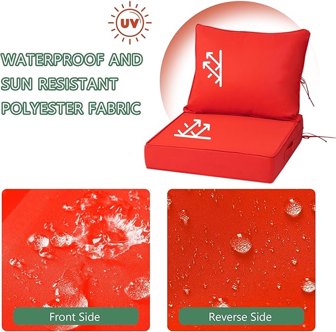 Outdoor Chair Cushions 4 Set,24 x 24 x 5IN, Patio Deep Seat Cushion for Patio Furniture, Waterproof & Fade Resistant Thick Deep Seating Pads for Outside Wicker Ratten Chair Sofa Couch,red