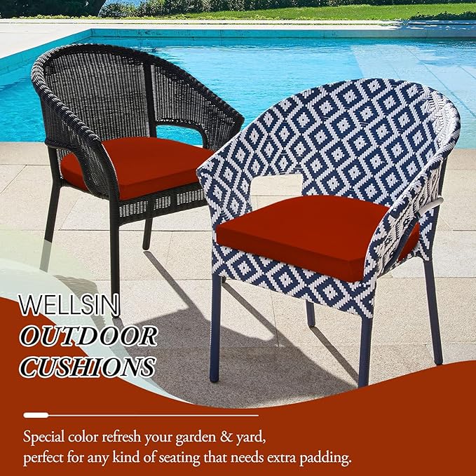 Wellsin Outdoor Chair Cushions for Patio Furniture - Patio Chair Cushions Set of 6 - Water Resistant Round Corner Outdoor Seat Cushions 17"X16"X2", Brick Red