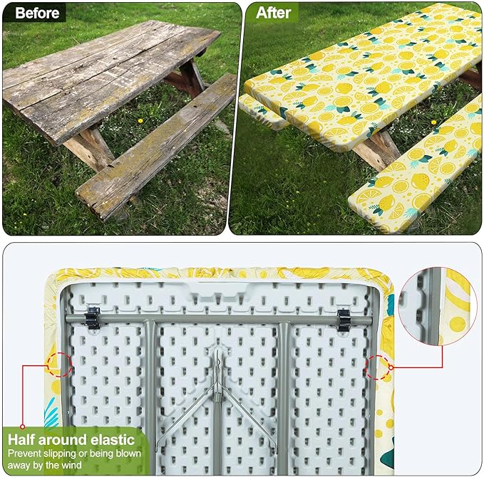 Picnic Table Cover with Bench Covers 6FT 3 Pcs Waterproof Windproof Aesthetic Camping Tablecloth with Drawstring Bag, Fitted for 6 Foot Rectangle Tables and Seats, 72 inch, Yellow Lemon