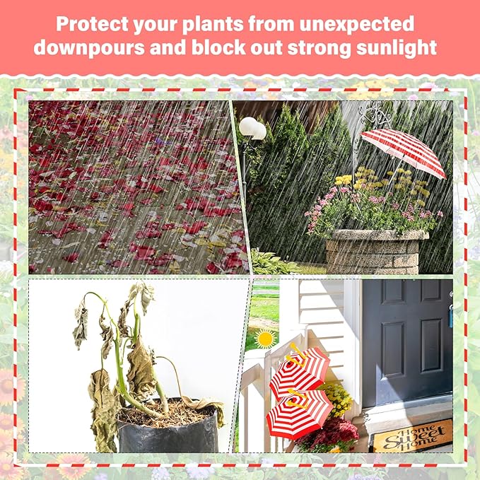 Abbylike 2 Set Plant Umbrellas for Outdoor Plants, Garden Umbrella Shade for Potted Plants and Garden Beds Plant Cover for Sun Summer Beach Terrace Lawn Swimming Pool (Stripe,Red and White)