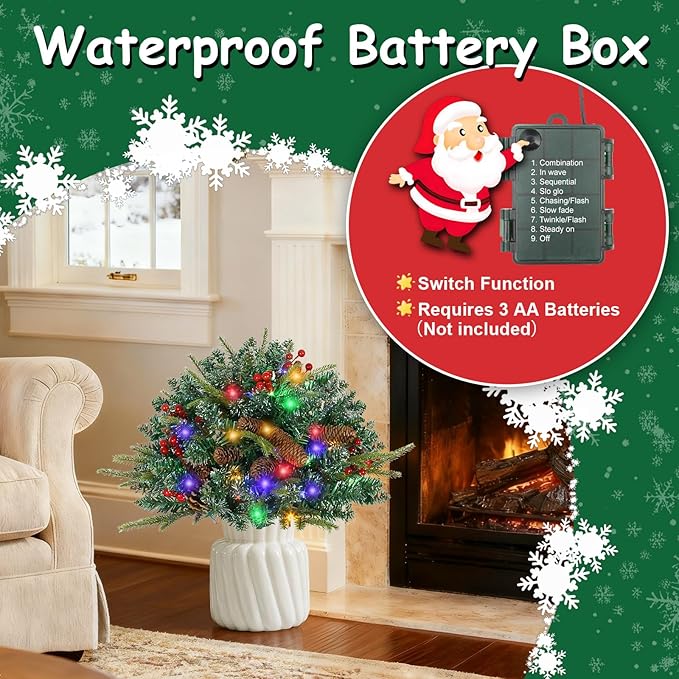 JOYHALO 2 Pack Set 21Inch Christmas Urn Filler with 50 Lights Remote Controlled in Multicolor, Christmas Pot Fillers with PVC&PE Branches, Outdoor Christmas Trees for Porch Pathway Yard Decorations