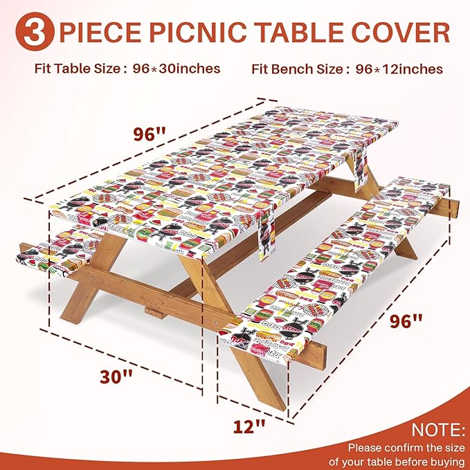 3 Piece Picnic Table Cover with Bench Covers Fitted Camping Table Cloths for 8Ft Tables Camper Travel Trailer Must Haves Motorhome Garden Tools Couple Wife Husband Boyfriend Girlfriend Gift