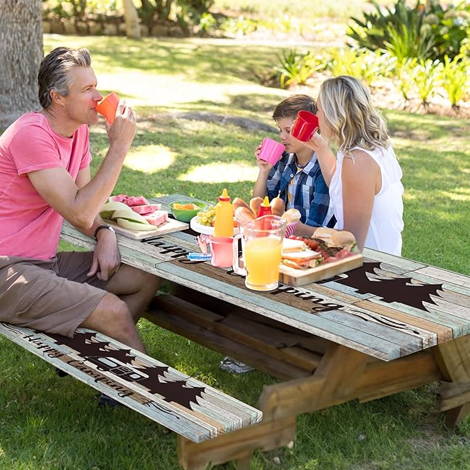 Picnic Table Cover with Bench Covers Elastic Edges, Green Camper Fitted Table Cover, Outdoor Patio Camping Essentials 72 Inch 3PCS, Waterproof Camping Fitted Tablecloth with Drawstring Bag