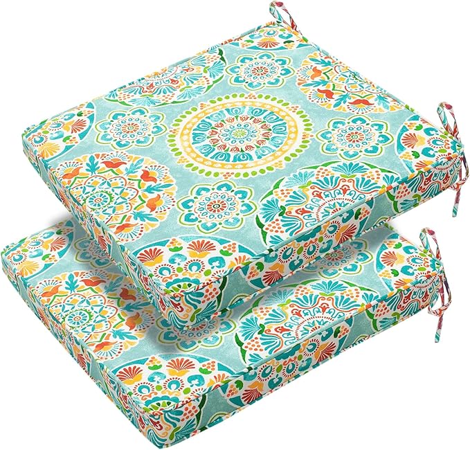 FUNHOME Patio Chair Cushions 18 x 18 x 2.5 Inch,Water-Resistant Outdoor Seat Cushions for Patio Furniture 2 Pack, Sqaure Chair Pads for Wicker Chair Seat, Cyan Circle
