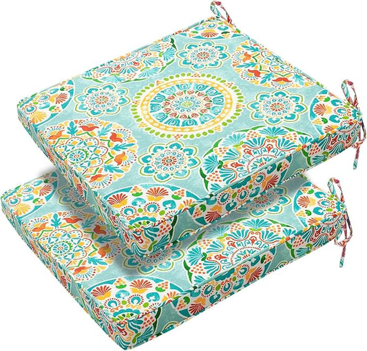 FUNHOME Patio Chair Cushions 18 x 18 x 2.5 Inch,Water-Resistant Outdoor Seat Cushions for Patio Furniture 2 Pack, Sqaure Chair Pads for Wicker Chair Seat, Cyan Circle