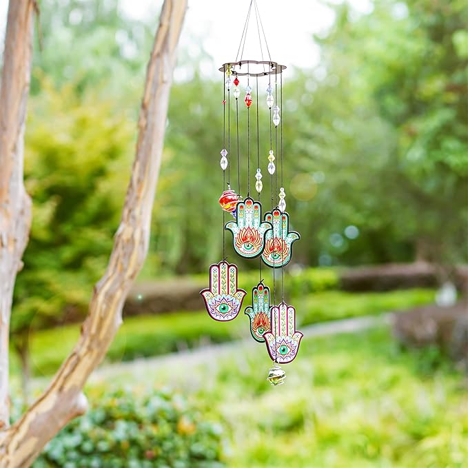 Wind Chimes Outdoor Decor, Metal Memorial Windchimes Hanging Decoration for Garden Home Yard and Christmas Tree,15'' Hamsa Hand Evil Eye Chakra Glass Beaded Design Christmas Decor