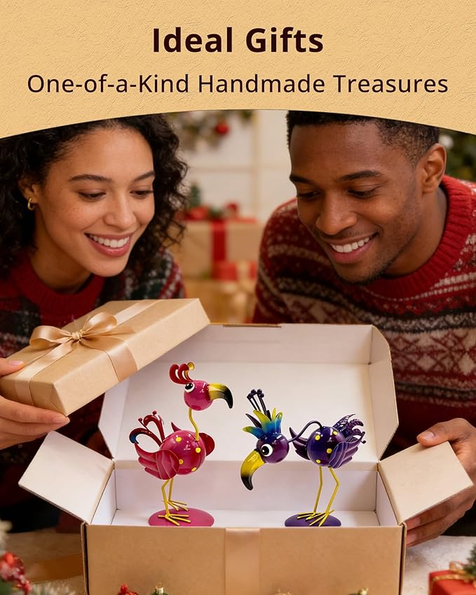 Metal Bird Statues for Outdoor Garden (with Round Base and Stake)(Weathering Resistant) 2 Pack Handcrafted Yard Bird Figurines Metal Art, Cute Lawn Ornaments Funny Decor Gift (Pink & Purple)