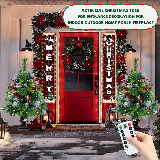 2 Pack Christmas Decorations Outdoor - 30" Pre-Lit Outdoor Christmas Tree with Lights, Prelit Planter Bushes with Remote, Christmas Planter Urn Filler for Front Porch Pathway Yard Garden Holiday Decor
