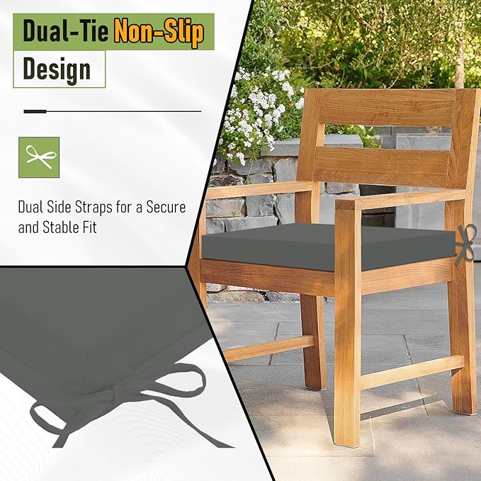 Basic Beyond Outdoor Chair Cushions Set of 4, Square Corner Outdoor Cushions for Patio Furniture, Water Resistant Patio Chair Cushions with 2 Ties, 18.5x16x3, Charcoal Grey
