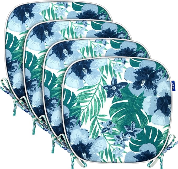 SleepMan Outdoor 17"x16" Chair Cushions with Ties Set of 4, Water Resistant All Weather U-Shape Seat Pads for Patio Garden Furniture Indoor (Set of 4, Blue Flowers)