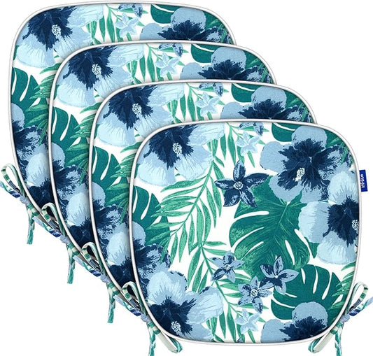 SleepMan Outdoor 17"x16" Chair Cushions with Ties Set of 4, Water Resistant All Weather U-Shape Seat Pads for Patio Garden Furniture Indoor (Set of 4, Blue Flowers)