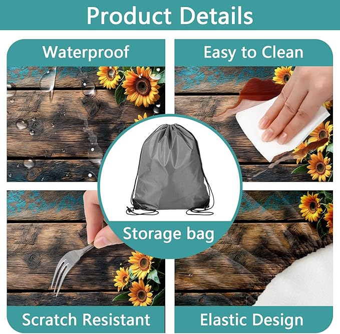 Picnic Table Cover with Bench Covers Wood Sunflower Flowers Wooden Floral Waterproof Windproof Fitted Outdoor Tablecloth with Elastic Rectangle Table Cloth Camping Accessories,60x30 Inch