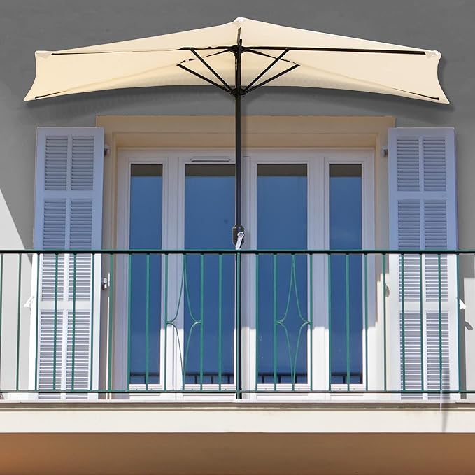 9-Ft Half Patio Umbrella Easy Crank Semicircle Balcony Shade with 20lb Weighted Base for Deck, Porch, or Against a Wall by Pure Garden (Tan)