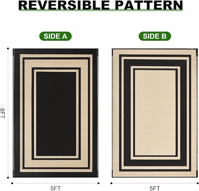 RURALITY Outdoor Rugs 5x8 Waterproof for Patios Clearance,Plastic Straw Mats for Backyard,Porch,Deck,Balcony,Reversible,Black and Beige