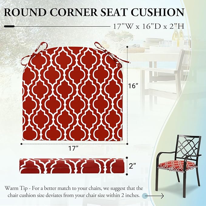 Wellsin Outdoor Chair Cushions for Patio Furniture - Patio Chair Cushions Set of 4 - Water Resistant Round Corner Outdoor Seat Cushions 17"X16"X2", Trellis Red