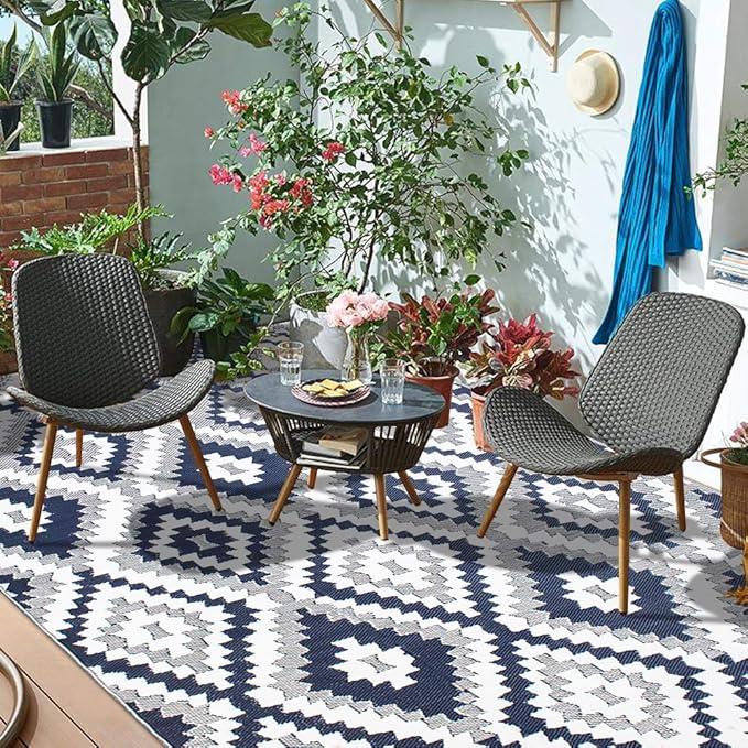 Reversible Outdoor/Indoor Plastic Rug, Easy to Clean and Fold, Perfect for Garden, Patio, Picnic, Decking-（Blue，8x10Ft）
