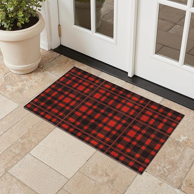 GENIMO Door Mat 18X30 Inch Buffalo Plaid Christmas Decor Rug Outdoor Geometric Checked Rugs, Washable Carpet for Front Porch, Kitchen, Farmhouse, Entryway Low Pile Doormat Black and Red