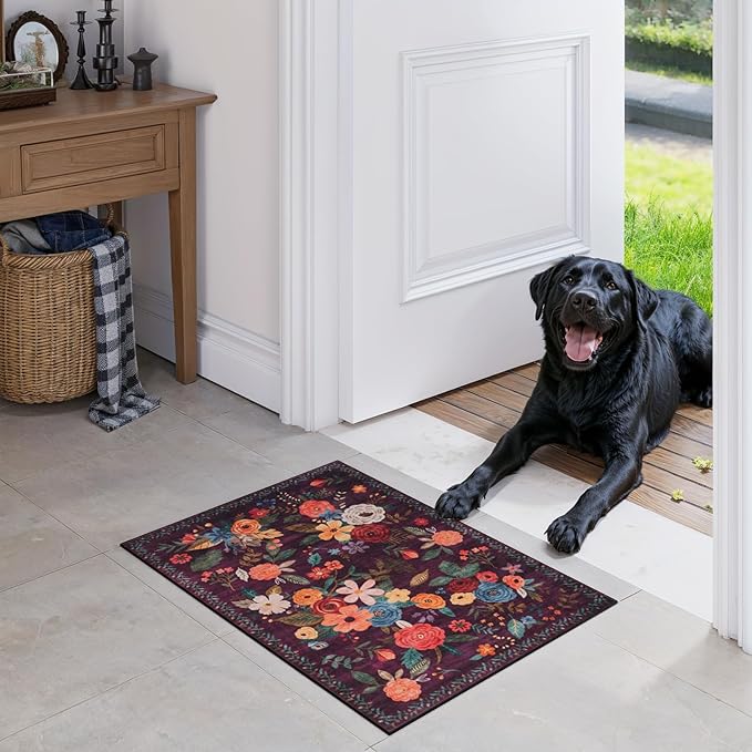 Area Rugs 24x17 Inch Home Decor Entry Rug, Small Door Mat Bath Mats for Bathroom, Ultra-Thin Non Slip Floral Low Pile Tub Mat for Sink Shower Doorway Tub Kitchen Sink(2 x 1.4 ft, Purple Lawn)