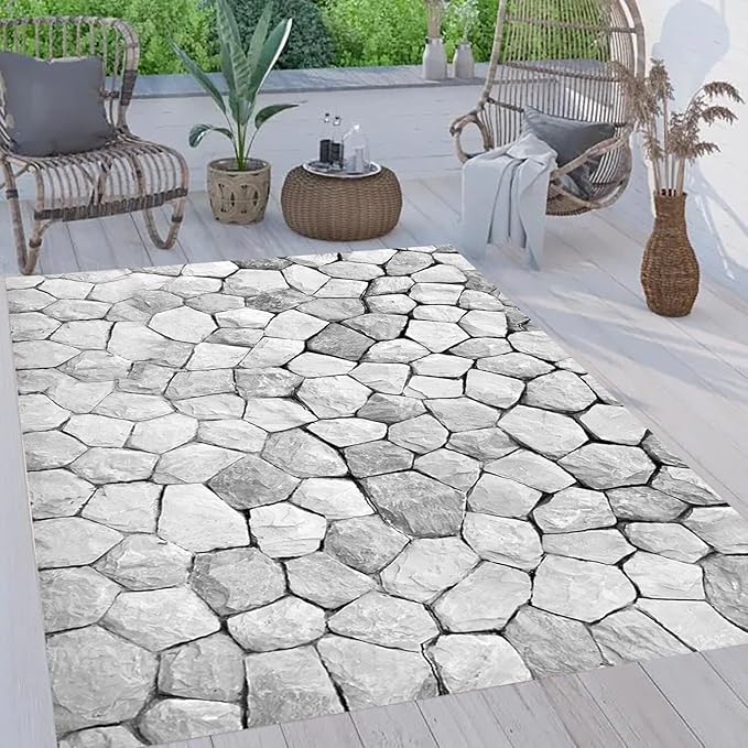 Modern Abstract Art Decor Stone Texture White Grey Waterproof Outdoor Area Rugs for Garden Balcony Backyard RV Camping Pool Patios Deck Carpets Quick Dry Easy Clean Thin Low Pile Floor Mats 10x12