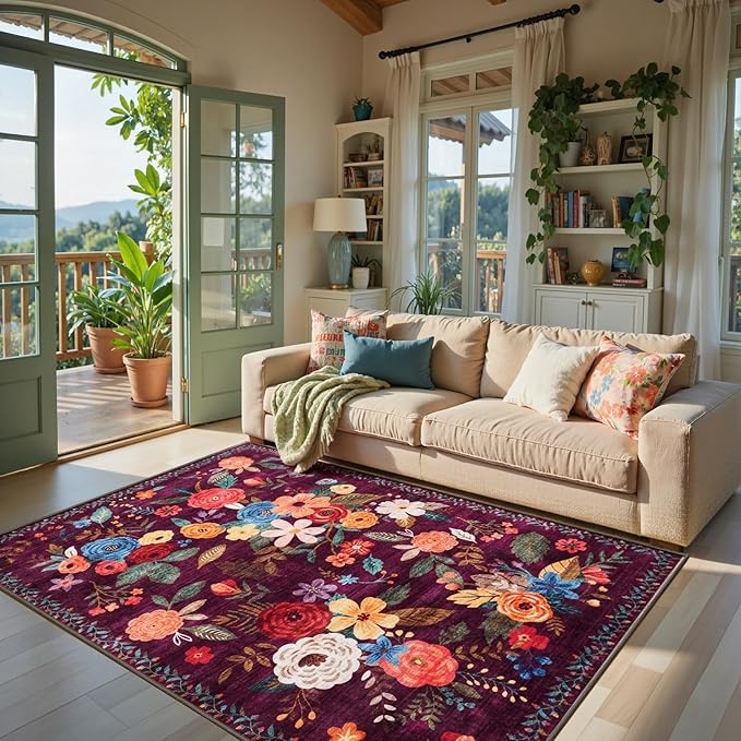 Living Room Rugs, Area Rugs 5x8 Rug for Bedroom Ultra-Thin Soft, Non-Slip Washable Rugs Stain Resistant Boho Rug Low-Pile Throw Rug for ‎Dining Room Office (5 x 8, Purple Lawn)