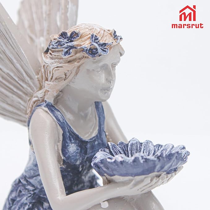 Marsrut Polyresin Sunflower Fairy Garden Statue - Sitting Angel Figurines with Bird Feeder | Decoration for Large Lawn, Bath, and Yard Outdoor Clearance (Size: 5.7 x 5.3 x 2.8)