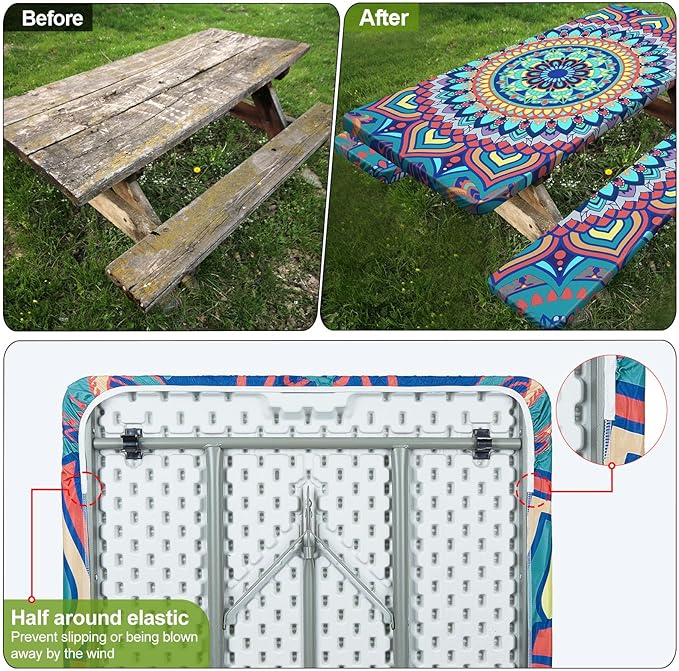 Picnic Table Cover with Bench Covers 6FT 3 Pcs Waterproof Windproof Aesthetic Camping Tablecloth with Drawstring Bag, Fitted for 6 Foot Rectangle Tables and Seats, 72 inch, Yellow Blue Orange