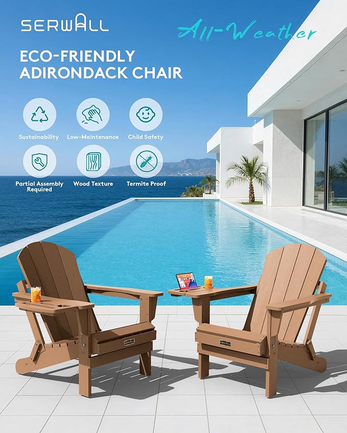 SERWALL Folding Adirondack Chair, Adirondack Chairs with 4 in 1 Multi-Functional Cup Holder, Wood-Like Patio Chair, Lawn Chairs, Weather Resistant HIPS Plastic Fire Pit Chair for Garden, Backyard