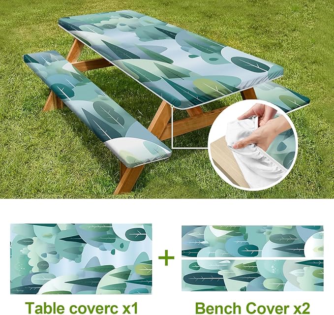 Picnic Table Cover with Bench Covers Set of 3 - Enchanted Woods Illustration, Elastic Fitted Tablecloth for 6 Ft Tables, Washable Polyester Cover for Garden, Indoor & Outdoor