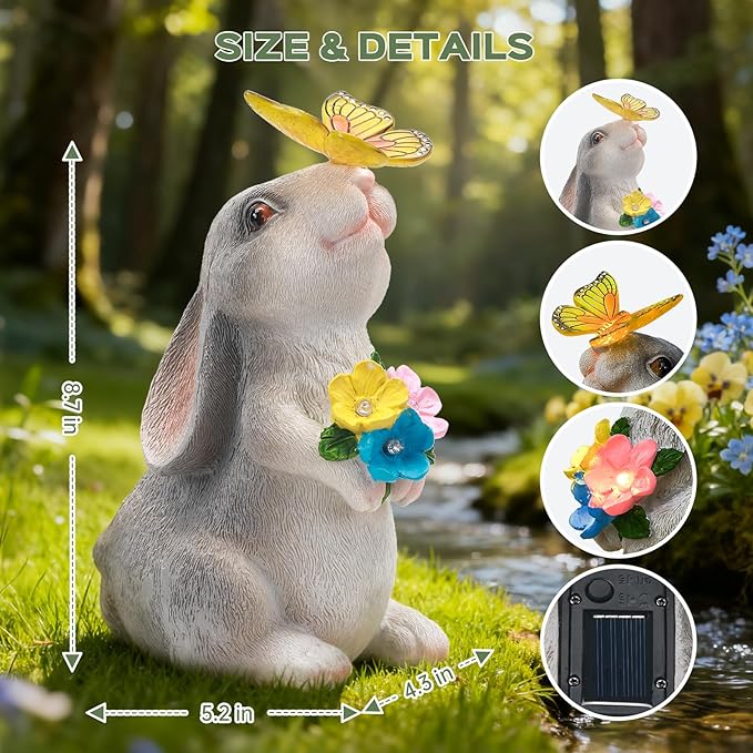 Solar Garden Statue Outdoor Decor, Rabbit Figurine with Butterfly LED Lights, Bunny Statue for Garden, Yard Decor, Lawn Ornament, Valentine's Day Birthday Gift for Women Mom Grandma