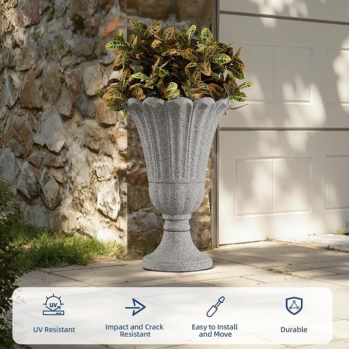 Tall Plastic Urn Planters for Outdoor Plants Set of 2-23.6" H Classic Petal Design Indoor Large Flower Pots with Drainage Holes, Outdoor Planters for Porch Decor/Garden Vase, Grey