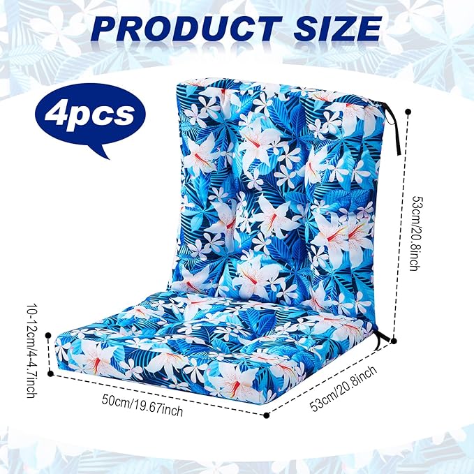 Hoteam 4 Set Outdoor Deep Seat Patio Chair Cushions Waterproof Patio Cushions Set 20 x 42 Inch for Furniture Replacement Removable Seat and Back(Blue Plumeria)