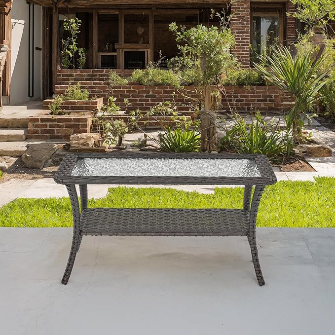 Patio Coffee Table Wicker Table Outdoor PE Rattan Glass Top Table with Storage Shelf Rectangle Patio Outdoor Coffee Table for Patio Garden Balcony Porch Deck Poolside, Brown